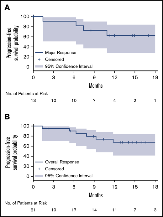 Kaplan-Meier curves for duration of response. Major response (A) and overall response (B). Kaplan-Meier distributions, based on IRC-assessed responses for both relapsed/refractory and treatment-naïve patients.
