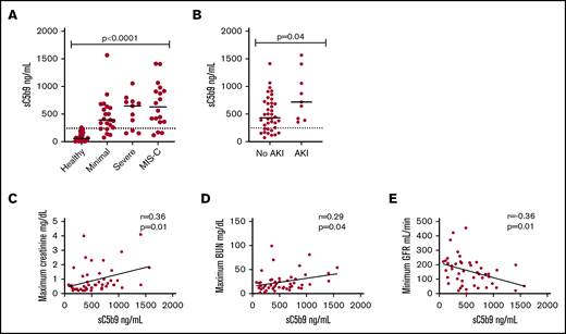 Elevations in sC5b9 correlate with renal dysfunction. (A) Elevated sC5b9 levels in patients with minimal COVID-19 (n = 21), severe COVID-19 (n = 11), and MIS-C (n = 18) are significantly different relative to those of healthy control subjects (n = 26). (B) sC5b9 levels are significantly higher in those with AKI (n = 9) than without AKI (n = 38). Increases in sC5b9 levels in patients with all 3 manifestations of disease (N = 48) correlate in a statistically significant manner with elevations in creatinine (C) and in elevations of blood urea nitrogen (BUN; D) and GFR (E). Dotted line indicates upper limit of normal cutoff for sC5b9 of 247 ng/mL.
