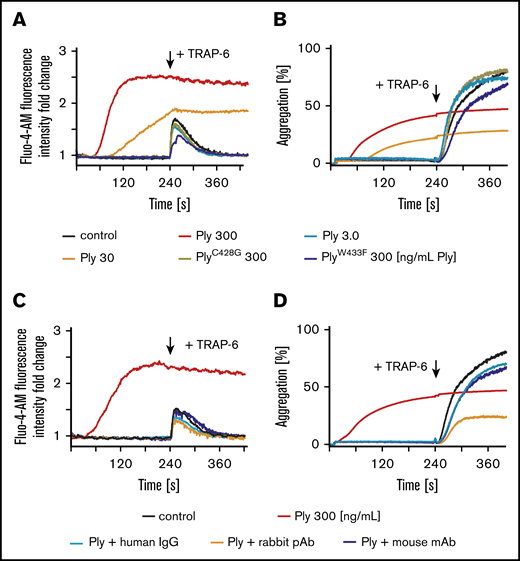 Loss of platelet function due to pneumolysin is prevented by immunoglobulins. (A) Prior to pneumolysin treatment intracellular Ca2+ of washed platelets was labeled with Fluo-4-AM for 30 minutes. After incubation with pneumolysin, the kinetics of Ca2+ release was measured and values are given as fold change compared with NaCl control. Different concentrations of pneumolysin (Ply) are color coded: 300 ng/mL (red); 30 ng/mL (orange); 3.0 ng/mL (light blue). PneumolysinC428G without lytic activity (brown) pneumolysinW433F with ∼10% lytic activity (blue) did not cause Ca2+ release. (B) Platelet aggregation is typically directly proportional to an increase in light transmission. Only pneumolysin 300 ng/mL (red) and 30 ng/mL (orange) induced an increase in light transmission, but platelets where no longer responsive to 20 µM TRAP-6. Light transmission did not change by addition of buffer, pneumolysin 3 ng/mL, or the mutant pneumolysins, but platelets were still responsive to 20 µM TRAP-6. (C-D) Polyvalent human immunoglobulin (human IgG (Privigen); 1 mg/mL; green), polyclonal rabbit anti-pneumolysin (10 µg/mL; orange) and a monoclonal mouse anti-pneumolysin antibody (7.5 µg/mL; blue) prevented the effects of pneumolysin (300 ng/mL; red) in calcium influx (C) and platelet aggregation (D). In the presence of these immunoglobulins platelets became again responsive to 20 µM TRAP-6 (to enable comparison with the experiments without immunoglobulins, the data are shown here, although they are presented in the text at the end of “Results”).