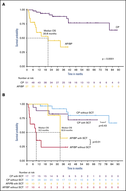 Outcomes of CML patients treated with ponatinib. (A) OS since ponatinib initiation was significantly better for CP-CML patients compared with AP patients, with a 5-year OS of 76.8% and median OS of 20.8 months, respectively. (B) Overall survival since ponatinib initiation, by SCT status. allo-SCT conferred a significant benefit in AP patients, but the response was not found in CP-CML patients.