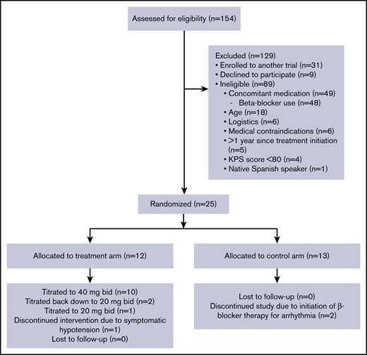 CONSORT diagram of clinical trial enrollment and treatment. KPS, Karnofsky Performance Status.