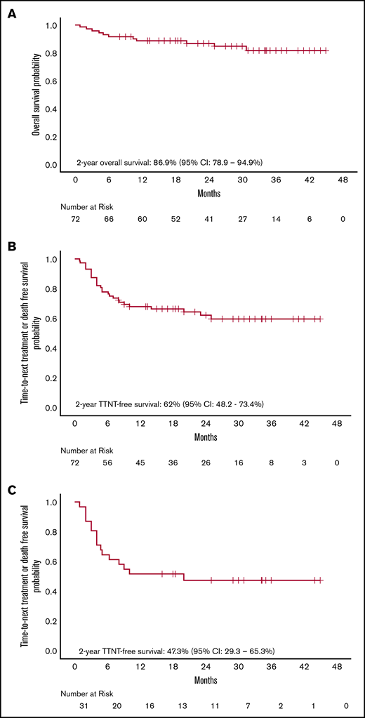 Kaplan-Meier survival curves for OS and TTNT. (A) OS from initiation of daratumumab. (B) TTNT or death from initiation of daratumumab. (C) TTNT or death from initiation of daratumumab for patients with initial dFLC ≥5 mg/dL.