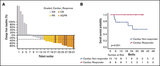 Cardiac responses with DMT. (A) Waterfall plot of best cardiac responses. (B) OS of cardiac responders and cardiac nonresponders at 3 months (3-month landmark analysis with 0 time point representing initiation of daratumumab).