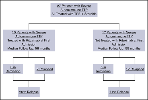 Relapse rates of TTP patients with and without rituximab administration after the initial TTP admission.