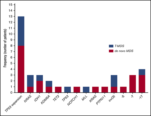 Mutation and cytogenetic changes at the time of transformation. Frequency of TP53 mutation expansion represents percentage of patients with increase in VAF of TP53 mutation at the time of transformation among evaluable patients (n = 23).