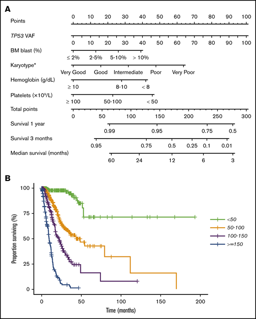 Multivariable Cox proportional hazards model and nomogram for OS. (A) Nomogram for OS. Nomogram used by totaling points identified at top scale for each of the independent variables. This summed point score was then identified on a total point scale to identify the 3-month and 1-year survival probability and median OS. (B) Kaplan-Meier estimate curves for OS, which were based on the 4 groups determined by the median point score of the multivariable model.