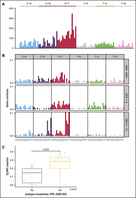 Mutational signatures in RRMM. (A) A 96-class plot of mutational frequencies in the pyrimidine context, color-coded by nucleotide change and further subdivided on the basis of the 5′ and 3′ nucleotides. (B) De novo extraction of the mutational signatures contributing to the spectrum. (C) Proportion of mutations caused by signature MM1 in people who did not receive (blue) or did receive (yellow) high-dose melphalan before sampling.