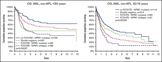 OS by FLT3-ITD, NPM1 mutation, and age. (Left) Aged younger than 60 years. (Right) Aged 60 to 74 years. Log rank analyses of survival in patients younger than 60 years (left): comparison of all 4 subsets (P = .00027); no FLT3-ITD/NPM1 mutated (group A) vs double-negative (group B; P = .049); FLT3-ITD/NPM1 mutated (group C) vs FLT3-ITD/NPM1 wild type (group D; P = .62); group A vs C (P = .0005); group A vs D (P = .0004); group B vs C (P = .007); group B vs D (P = .018). Patients aged 60 to 74 years (right): all 4 subsets (P < .0001, group A vs B (P < .0001), group C vs D (P = .049), group A vs C (P = .073), group A vs D (P < .0001), group B vs C (P = .10), and group B vs D (P = .37).