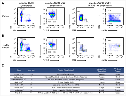 Clonally expanded T lymphocytes have T effector memory and T effector memory RA phenotype. (A) Immunophenotyping analysis of the patient’s PB lymphocytes on day +354 posttransplant revealed an expansion of the TCRBV19+ T-cell population with the CD27− T effector memory phenotype (CD3+ CD8+ CD45RA− CD27− CCR7− CD95+) and the T effector memory RA phenotype (CD3+ CD8+ CD45RA+ CD27− CCR7− CD95+). The 2 T-cell clones of interest accounted for 92.5% of all TCRBV19+ PB CD8 lymphocytes, as determined by bulk TCR Vβ sequencing. (B) Immunophenotyping of PB lymphocytes from a healthy donor. (C) A systematic review of published cases of AA onset or relapse temporally related to vaccinations.