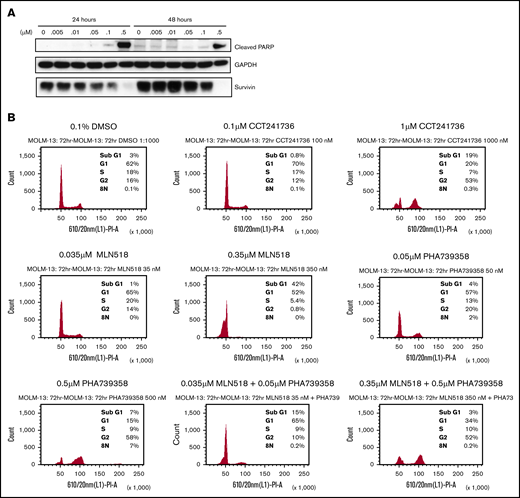 Induction of apoptosis, cell cycle regulation, and in vitro inhibition of FLT3 and Aurora signaling by CCT241736 in MOLM-13 cells. (A) Immunoblotting analysis of cells treated with CCT241736 at the indicated concentrations for 24 and 48 hours using antibodies specific for cleaved PARP and survivin. Glyceraldehyde-3-phosphate dehydrogenase (GAPDH) was used as a loading control. (B) Cell cycle profile of MOLM-13 cells treated with FLT3 and Aurora kinase inhibitors or their combinations: CCT241736, MLN518, PHA-739358, or MLN518 + PHA-739358. MOLM-13 cells were treated for 72 hours with the compounds at the indicated concentrations approximating their viability IC50 and 10 × IC50, and they were fixed, stained, and analyzed by fluorescence-activated cell sorting (FACS). Y-axes represent FACS event counts (same scale for all histograms). The percentage of cells in sub-G1, G1, S, G2, and 8N phases of the cell cycle are included. (C) After overnight incubation with 50 ng/mL nocodazole, MOLM-13 cells were treated with CCT241736, CCT137690, or MLN518 for 2.5 hours at the indicated concentrations. Cell lysates were prepared and analyzed for the expression of the indicated proteins by immunoblotting using specific antibodies. GAPDH was used as loading control.