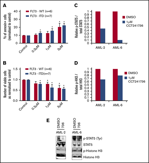 The effect of CCT241736 on cell viability and induction of apoptosis and biomarker modulation of primary AML cells. (A-B) Primary cells from AML samples with FLT3 WT and FLT3-ITD were cocultured with MS-5 and treated with either DMSO control or CCT241736 at indicated doses. (A) Three days after treatment, cells were harvested, washed, and stained with annexin-V/DAPI. (B) Viable cells were counted using a Luna-II Automated Cell Counter. (C-E) Primary AML samples AML-2 (FLT3 WT) and AML-6 (FLT3-ITD) were treated with 1 µM CCT241736 and DMSO for 4 hours, the relative levels of P-STAT5 vs total STAT5 (C), and P-HH3 vs total HH3 (D) were analyzed by immunoblotting using specific antibodies (E). All experiments were performed in triplicate, and results were shown as mean ± SEM. *P < .01 compared with control.