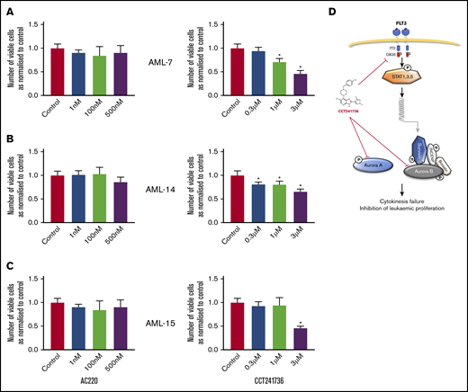 The effect of AC220 and CCT241736 on cell viability of quizartinib-resistant primary AML cells. (A-C) Primary AML cells were collected from 3 patients with quizartinib-resistant AML (AML-7, AML-14, and AML-15). The AML cells were collected after clinical quizartinib resistance had emerged at the point of relapse. Cells were cocultured in triplicate with irradiated MS-5 at a density of 1.2 million cells per milliliter and were treated with either DMSO control, AC220 (left graphs), or CCT241736 (right graphs) at the indicated doses. Three days after treatment, cells were harvested, and viable cells were counted using a Luna-II Automated Cell Counter. All experiments were done in triplicate and results were shown as mean ± SEM (*P < .05 compared with control). (D) Explanatory model: activated FLT3 induces the transcription of several downstream genes, including the Aurora B partner survivin, via STAT1, -3, and -5 proteins. Aurora A plays a role in centrosome maturation and spindle formation, whereas Aurora B regulates the spindle checkpoint in kinetochore microtubule attachment and cytokinesis. CCT241736 inhibits Aurora kinases and the FLT3 pathway in multiple steps. This inhibition leads to cytokinesis failure and inhibition of leukemic proliferation.