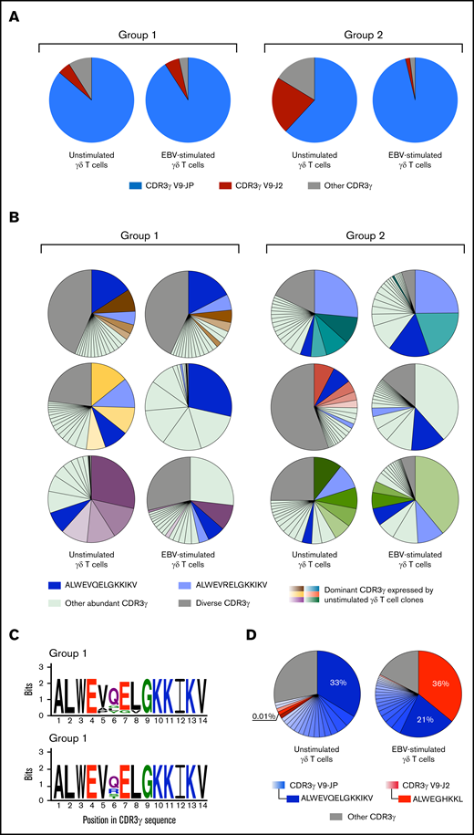 Most γδ T-cell clones that respond to EBV express a Vγ9JγP CDR3. Two hundred thousand γδ T cells were isolated from PBMCs before and after stimulation with Akata, an EBV-transformed B cell line. (A) Pie charts show the γ-chain CDR3 repertoires of unstimulated γδ T cells and EBV-stimulated γδ T cells from 1 representative group 1 donor and 1 representative group 2 donor. CDR3γ V9-JP sequences are represented in blue and CDR3γ V9-J2 sequences are represented in red. The gray zone represents the combination of all other unique CDR3s within the CDR3γ repertoires. (B) Pie charts show the distribution of the 20 most abundant γ-chain CDR3s of unstimulated γδ T cells and EBV-stimulated γδ T cells, from 3 representative group 1 donors and 3 representative group 2 donors. The public CDR3s ALWEVQELGKKIKV (dark blue) and ALWEVRELGKKIKV (light blue) are shown. For each donor, the 5 most dominant CDR3s expressed by unstimulated γδ T cells are shown in different shades of color and, when required, in dark blue or light blue for ALWEVQELGKKIKV and ALWEVRELGKKIKV, respectively. To track these same CDR3s in the EBV-stimulated γδ T-cell repertoires, we depicted them in similar colors. The other 15 CDR3s are colored in light green and the remaining unique CDR3s are shaded in gray. (C) Kullback-Leibler sequence logos show the residue preferences for the dominant 14-mer CDR3γ sequences from EBV-stimulated γδ T cells of group 1 (N = 10 CDR3γ) and group 2 (N = 10 CDR3γ) donors. Populations of γδ T cells were isolated from EBV-stimulated PBMCs. Each logo consists of amino acid stacks, 1 for each position. The stack height indicates the sequence conservation; the residue height indicates its relative frequency. Residue colors correspond to biochemical properties: acidic (red), basic (blue), hydrophobic (black), polar (green). Logos were generated using WebLogo.28 (D) The charts illustrate the distribution of the 20 most abundant γ-chain CDR3s among unstimulated γδ T cells and EBV-stimulated γδ T cells from a group 1 donor: donor 1. Populations of γδ T cells were isolated from unstimulated PBMCs and EBV-stimulated PBMCs. CDR3γ V9-JP sequences are represented by different shades of blue and CDR3γ V9-J2 are represented by different shades of red. The gray zone indicates a combination of all the other unique CDR3s within the CDR3γ repertoires.