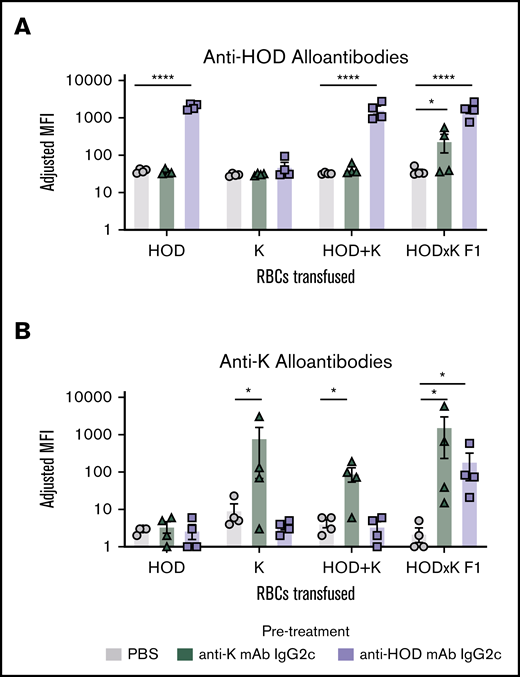 Anti-RBC mAbs cross-enhance to third-party alloantigens only if they are expressed on the same RBCs. Recipient B6 mice were pretreated with either PBS, anti-HOD mAb, or anti-K mAb. For each pretreatment, 4 different groups were set up, each receiving a different RBC transfusion: HOD RBCs, K RBCs, HOD RBCs mixed with K RBCs (HOD+K), or F1 RBCs expressing both alloantigens. Serum was obtained 21 days after transfusion and was assayed for polyclonal anti-HOD antibodies (A) and polyclonal anti-K antibodies (B) by indirect immunofluorescence using HOD or K RBC targets, respectively. Data were analyzed with a 1-way ANOVA using a Dunnett multiple comparison test to the control PBS group. *P ≤ .05; ****P ≤ .0001.