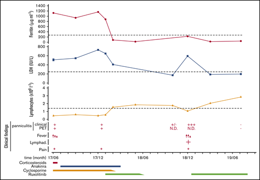 Plots showing the time course of SPTCL and HLH episodes in the patient during the past 24 months and the different therapeutic strategies implemented. Clinical findings depict the presence of high fever (red arrows), lymphadenopathies (Lymphad.; +), and pain (+), as well as the presence (+) or absence (−) of panniculitis, detectable either clinically (Clinical) or by PET-CT scan (PET). Dotted lines indicate the lower (lymphocyte count) or the higher (ferritin and LDH serum levels) normal limits. Anakinra was administrated at 100 mg per day, cyclosporine 4 to 6 mg/kg per day, prednisone at 0.5 mg/kg every day, and ruxolitinib first at 15 mg twice daily, then 20 mg twice daily at relapse. N.D., not determined.
