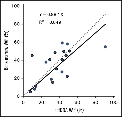 VAFs detected in ccfDNA and in bone marrow, among the 19 mutations detected by both assays. The solid line represents the correlation of the linear regression fit of the data, and the dotted line represents a 1:1 ratio for reference.