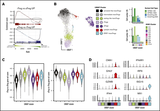 Transferred Tregs exhibit cellular heterogeneity and express a continuum of rTreg- and aTreg-related genes early after transfer but are more “resting-like” by day +20. (A) GSEA enrichment plot of NHP rTreg-specific genes in the ranked list of DE genes between Tregs at day +3 (tSNE cluster C1) compared with transferred Tregs at day +20 (tSNE cluster C2) (top). Dotted circle corresponds to those genes up in rTregs whose expression was higher in day 2 transferred cells compared with day +20. (A) GSEA enrichment plot as in panel A (top), but using NHP aTreg-specific genes (bottom). (B) UMAP dimensionality reduction and clustering of all CFSE+ cells and cells from C3 and C4 tSNE clusters that were sorted as endogenous Tregs (left). (B) Cell percentages of sorted cell type (top) and tSNE cluster (bottom) in UMAP clusters from panel A (right). (C) Gene-set scores from panel A plotted in UMAP clusters (left) and UMAP embedding (right). (D) Genes exhibiting high specificity scores for red and cyan clusters.