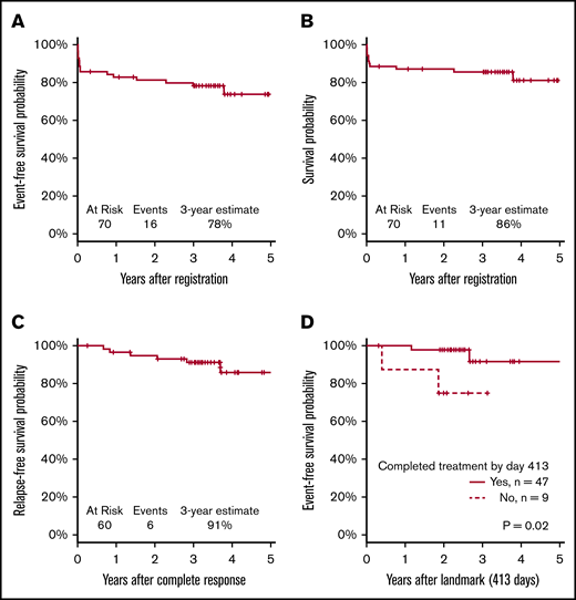 Survival analyses. (A) EFS. (B) OS. (C) RFS. (D) EFS in patients with CR.
