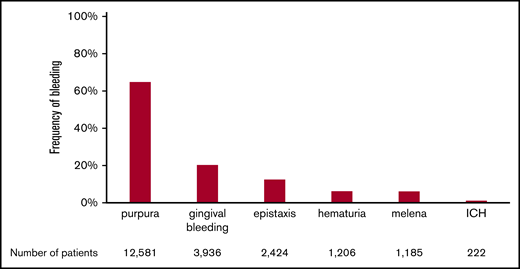 Frequency of bleeding manifestations in adult ITP. The percentage of patients with each bleeding manifestation is shown. Patients with multiple bleeding manifestations are included in each bleeding manifestation column. The total number of patients in each column is also shown at the bottom of the figure.