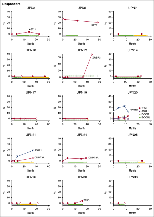 Longitudinal follow-up of mutated clone size on and off EPAG. Candidate gene mutations were analyzed at baseline, primary end point, and the latest time point available on and off EPAG. Each panel shows the results in a single patient, with mutated clone size off EPAG (at baseline and long-term follow up) designated by open symbols and clone size on EPAG (at primary end point or during long-term follow-up) designated by closed symbols. Timeline bars designating time on and off EPAG are shown for each patient, with the same color key as used in Figure 2. Specific somatic mutations are listed in supplemental Table 7.