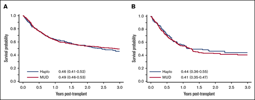 Comparison of survival outcomes between patients undergoing Haplo and MUD HCT. (A) OS post-MAC. (B) OS post-RIC.