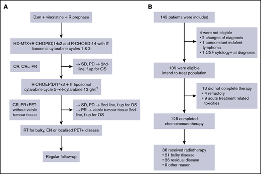 Study schema. (A) Trial profile. (B) Patient disposition. CR, complete response; CRu,complete response, unconfirmed; CSF, cerebrospinal fluid; EN, extranodal; f-up, follow-up; IT, intrathecal; OS, overall survival; PD, progressive disease; PET, positron emission tomography; PR, partial response; RT, radiotherapy; SD, stable disease.
