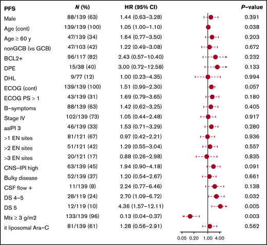 Subgroup analyses. Forest plot showing subgroup analysis of PFS. Ara-C, cytarabine; DPE, double-protein expressor; EN, extranodal; PS, performance status.