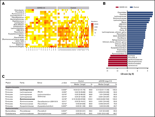 Microbiome signatures of severe aGVHD. To identify potential biomarkers of the microbiota characterizing patients with severe aGVHD (stage 2-3), several approaches were deployed. DESeq2 (A) and LDA effect size (LEfSe) (B) algorithms were used to identify bacterial taxa enriched in each group of patients. (C) In parallel, genera with a cumulative relative abundance in the cohort of at least 5% and present in >10 patients were selected, and relative abundance was compared between controls and severe aGVHD patients. Similarly, families present in at least 15 patients and representing at least 0.5% abundance over the cohort were tested. Of the 22 families and 66 genera tested, 2 families and 10 genera had a significantly different abundance between control and severe GVHD patients. Median of relative abundance and range are indicated, and statistical analyses were performed using nonparametric Wilcoxon-Mann-Whitney test. *P < .05, **P < .01.
