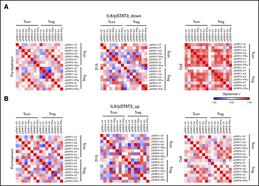 Downregulation of IL-6/STAT3 activity in Tcons reestablishes the connectivity of STAT signaling network in Tcons and Tregs. Functional maps of STAT signaling network generated by calculating Spearman’s rank correlation coefficients between pairs of nodes within and among each of Tregs and Tcons before initiation and after 6 cycles of AZA. (A) Although the STAT architecture was completely disorganized in all patients both before and 15 days (D15) after AZA initiation, the AZA-mediated downregulation of IL-6/STAT3 signaling in Tcons was accompanied by restructuring of STAT networks and the formation of numerous positively correlated nodes across Tcons and Tregs on cycle 6 (Cy6). (B) By contrast, the pattern of signaling responses remain disorganized in patients who upregulated IL-6/STAT3 signaling in Tcons after 6 cycles of AZA.