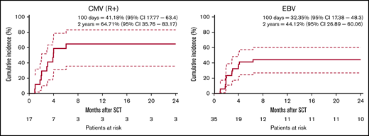 Cumulative incidence of viral reactions. Cumulative incidence of CMV and EBV infections are calculated with relapse and death as competing events. (A) CI of CMV reactivation for patients at risk (defined as seropositive recipients, R+). (B) CI of EBV reactivation. Dashed lines indicate 95% CI.
