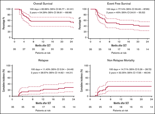 Clinical outcome. Clinical outcomes are shown with a 2-year follow-up. OS (A) and EFS (B) were estimated by the Kaplan-Meier product. (C) The CI of relapse is defined as time to relapse, with death as a competing event. (D) NRM is defined as time to death, without relapse or progression. Dashed lines indicate 95% CI.