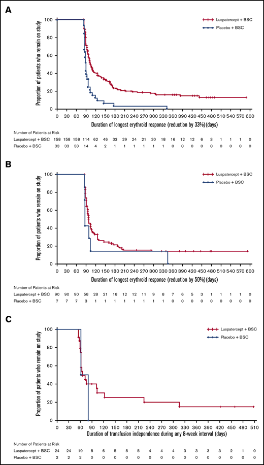 Kaplan-Meier plot of duration of response in responding patients achieving ≥33% transfusion reduction (any 12-week interval), ≥50% transfusion reduction (any 12-week interval), and transfusion independence (any ≥8-week interval). Only patients who achieved an erythroid response were included in the Kaplan–Meier analyses. Transfusion reduction was defined as ≥33% (A) or ≥50% (B) reduction in total RBC units from baseline (12 weeks prior to randomization) and ≥2 RBC units in any consecutive 12-week intervals throughout the study period. (C) Transfusion independence was defined as the absence of any transfusion during any consecutive 8-week intervals throughout the study period. BSC denotes best supportive care, RBC red blood cell. Reprinted with permission from Cappellini et al.24 Copyright © 2020 Massachusetts Medical Society.