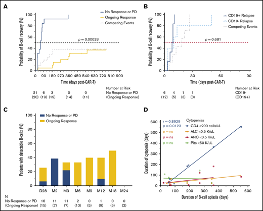 B-cell aplasia and clinical response following CAR19. (A) Time-to-event analysis for recovery of CD19+ B cells detectable by flow cytometry performed on peripheral blood showed a significantly longer duration of B-cell aplasia in those patients who maintained a durable response to axi-cel. Patients were censored at the time of last follow-up; disease relapse or progression and death were considered competing events. Analysis was performed using the K-M method. (B) When patients who developed disease relapse or progression were stratified as CD19+ or CD19− status at relapse by immunohistochemistry or flow cytometry performed on lymphoma cells, there was no significant difference between the duration of B-cell aplasia observed. CD19 status at the time of relapse was available for 18 of 21 (85.7%) patients. (C) The proportion of patients with detectable B cells at each assessment time point, stratified by clinical response. The number of patients who underwent testing (N) is shown by time point below the plot. (D) Correlations between the duration of B-cell aplasia and the durations of other concurrent severe cytopenias; only noncensored durations from time-to-event analysis were included. Lines represent linear regression using least-squares fitting. P values shown were obtained by the likelihood ratio test computed using Cox proportional-hazards regression of the time-to-event variable vs the factor defining the 2 groups (A-B) and Spearman’s correlation analysis (D).