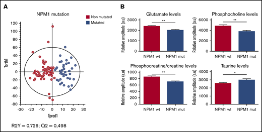 Specific metabolic profile of AML patients according to the mutational status of NPM1. (A) Score plot of the OPLS-DA model built with HRMAS-NMR data of NPM1 wild-type patients (n = 30) and NPM1-mutated patients (n = 17). The model is robust and predictive (R2Y = 0,726; Q2 = 0,498). We see a clear separation between the 2 groups. (B) Levels of Glu, PC, PCr/Cr, and tau in NPM1 wild-type patients compared with NPM1-mutated patients. Mean value ± standard error of the mean (SEM). Student t test, *P < .05, **P < .01.