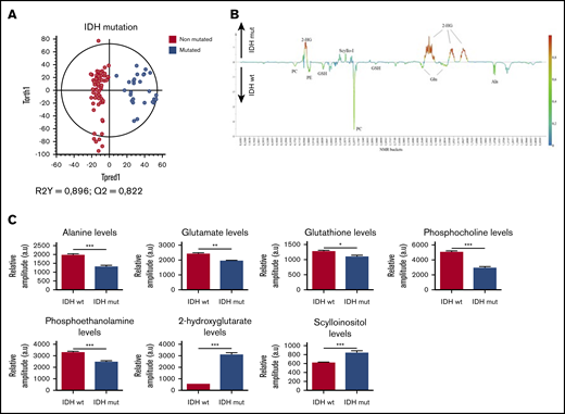 Specific metabolic profile of AML patients according to the mutational status of IDH. (A) Score plot of the OPLS-DA model comparing IDH wild-type patients (n = 36) vs IDH-mutated patients (n = 13). The model is robust and predictive (R2Y = 0,896; Q2 = 0,822), showing a clear separation between IDH-mutated and IDH wild-type patients. (B) 1D loading plot of IDH wild-type and IDH mutated patients, showing the main differences between the 2 groups. (C) Levels of Ala, Glu, GSH, PC, PE, 2-HG, and scyllo-I in IDH wild-type patients compared with IDH-mutated patients. Mean value ± SEM. Student t test, *P < .05, **P < .01, ***P < .001.