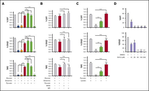 Pyruvate but not in situ glycolysis is required for mitochondrial metabolism during murine erythroblast enucleation. (A-C) Graphs displaying the viability (top), enucleation rate (middle), and mitochondrial activity (bottom) of orthochromatic erythroblasts in the presence or absence of glucose (10 mM), glutamine (4 mM), pyruvate (4 mM), dimethyl α-ketoglutarate (MOG; 1 mM), or methyl pyruvate (MP; 1 mM) (B) or lactate (2 mM) determined in the ex vivo enucleation assay at the 18-hour time point. (D) Graphs of the viability (top) and enucleation rate (bottom), of orthochromatic erythroblasts in the presence of dimethyl sulfoxide (DMSO) control or lactate dehydrogenase inhibitor (NHI-2) at indicated concentrations determined in the ex vivo enucleation assay at the 18-hour time point. Mean ± standard error of the mean (n ≥ 3). *P < .05, **P < .01, ***P < .001, ****P < .0001 by Student t test.