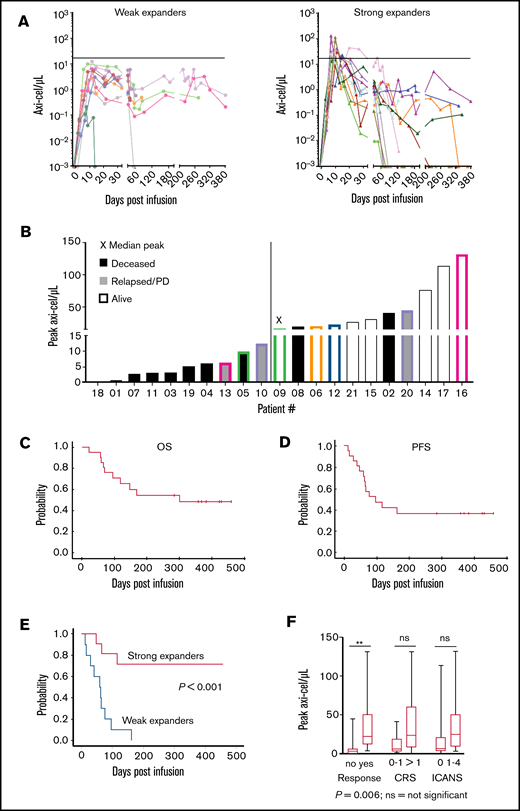 “Real-world” axi-cel kinetics in 21 r/r B-NHL patients treated in our clinic. Analysis of peripheral blood mononuclear cells using an axi-cel–specific dPCR assay reveals differences in the CAR-T-cell engraftment kinetics. In vivo persistence of axi-cel T cells in the peripheral blood over time. The horizontal line indicates the median of the peak expansion. Negative values were set to 0.001/µL (limit of detection). (A) Strong expanders had a peak expansion of ≥16.14 cells/µL. (B) Peak expansion values and clinical outcome for individual patients. The median peak value (16.14 CAR T cells/µL) was found for patient 9. The color coding highlights the patients with prolonged persistence in each group. PD, progressive disease. (C-D) Kaplan-Meier curves of 21 patients treated with commercially available axi-cel in the nontrial setting show the OS and PFS during the >1 year of follow-up. (E) Kaplan-Meier curves of 21 axi-cel–treated patients show significantly increased survival of patients in the “strong expanders” group vs the “weak expanders” group. P value compares strong expanders vs weak expanders. (F) Boxplots showing CAR-T cell peak concentrations and correlation with response, CRS, and ICANS. The upper and lower borders of the box represent 25th and 75th percentiles, the line within the box depicts the median, and the bars represent the range. ns, nonsignificant.