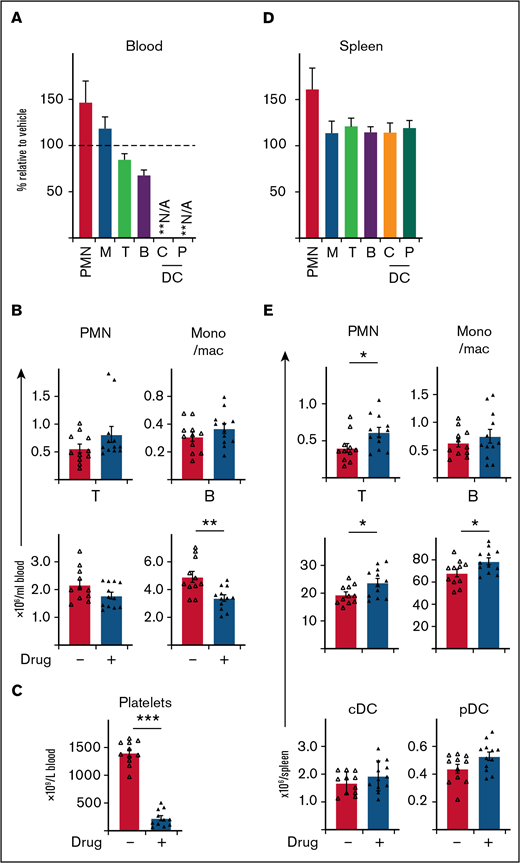 BCL-XL inhibitor preferentially targets neutrophils at sites of inflammation, without systemic depletion of other immune cell populations in mice, apart from platelets. STIA was induced in B6 mice by IP injection of K/BxN serum. Arthritic mice were treated for 5 days with 100 mg/kg BCL-XL inhibitor or vehicle by oral gavage starting d2 postserum injection. Following inhibitor treatment (d7 postserum injection) viable neutrophils (PMN), monocyte/macrophage (mono/mac; M), T cells (T), B cells (B), plasmacytoid dendritic cell (pDC; P), conventional dendritic cell (cDC; C) were enumerated in (A-B) blood and (D-E) spleen by PI staining and flow cytometry. Platelets were enumerated in whole blood by analysis on an Advia 2120i automated hematological analyzer (C). Data shown were pooled from 2 experiments (n = 10 mice/group; mean ± SEM). All data analyzed using a 2-tailed Student t test. *P < .05, **P < .01, ***P < .001.