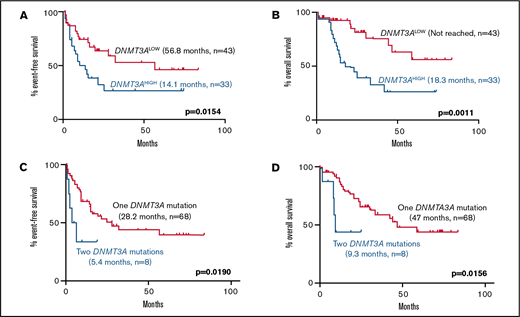 Kaplan-Meier curves showing effect of DNMT3A VAF and double DNMT3A mutations in normal karyotype patients receiving induction chemotherapy. (A-B) Effect of high DNMT3A VAF on (A) EFS (14.1 months, n = 33 vs 56.8 months, n = 43; P = .0154) and (B) OS (18.3 months, n = 33 vs not reached, n = 43; P = .0011). (C-D) Effect of double DNMT3A mutations on (E) EFS (5.4 months, n = 8 vs 28.2 months, n = 68; P = .0190) and (F) OS (9.3 months, n = 8 vs 47.0 months, n = 68; P = .0156) in the entire cohort. Values were generated using the log-rank test.