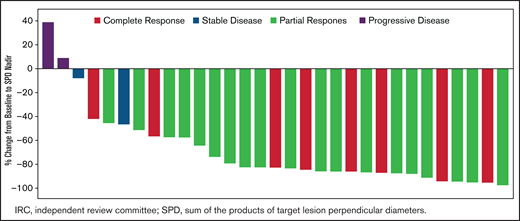 Best percentage change from baseline in target lesion sum of the products of target lesion perpendicular diameters (SPDs) by overall response assessed by IRC (N = 32).