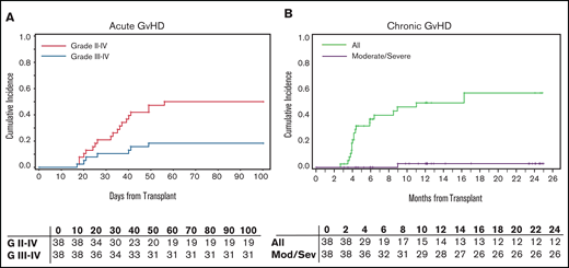 GVHD outcomes. (A) Acute GVHD grade II-IV and III-IV in 100 days. (B) Chronic GVHD outcomes.