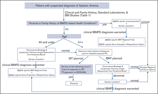 Workflow for AA evaluation. *These tests can be requested urgently with turnaround times ≤2 weeks if needed for the clinical scenario. If there is urgency, an all-at-once approach with screening tests + genetic testing is preferred. AML, acute myeloid leukemia; BM, bone marrow.