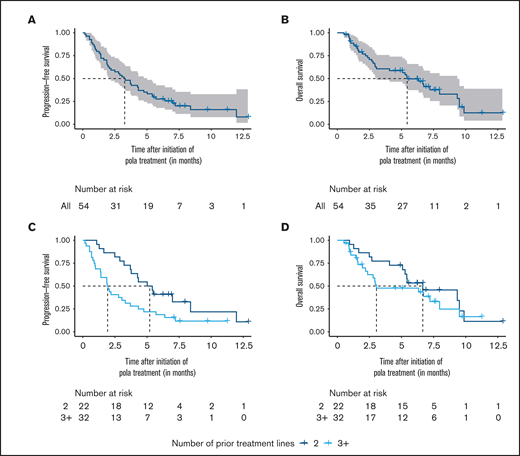 Outcome of patients in the salvage cohort. (A-B) Progression-free survival and overall survival of the salvage cohort. (C-D) Progression-free survival and overall survival stratified by the number of prior systemic treatment lines. Survival times were calculated from the initiation of polatuzumab vedotin (pola) treatment.