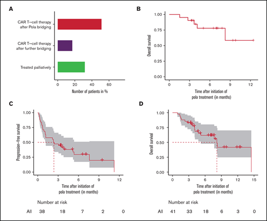 Outcome of patients in the bridging cohort. (A) Actual treatment of patients intended for CAR T-cell therapy and (B) overall survival of patients who received the intended CAR T-cell therapy after polatuzumab vedotin (pola) bridging. (C-D) Intent-to-treat-analysis with progression-free survival and overall survival of complete bridging cohort intended for CAR T-cell therapy. Survival times were calculated from the initiation of pola treatment. For the estimation of progression-free survival, data were only assessed in the efficacy-evaluable population. Three patients had no response evaluation and were excluded from the progression-free survival estimation.
