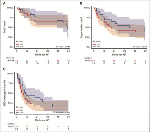 Survival outcomes of CLL patients from the time of HSCT. Patients are stratified by manifestation of RT, including OS (A), PFS (B), and GRFS (C).