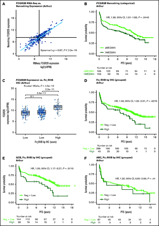 Validation of the FCGR2B prognostic effect by NanoString and prognostic effect of FcγRIIB protein expression measured by IHC in the Arthur cohort. (A) Correlation between FCGR2B expression measured by NanoString and RNA-Seq. (B) Kaplan-Meier curve for PFS based on FCGR2B expression measured by NanoString. Cox regression results based on FCGR2B expression dichotomized by median. (C) Correlation of FCGR2B expression by RNA-Seq with FcγRIIB protein expression. (D) Kaplan-Meier curves for PFS according to high, low and negative FcγRIIB tumor expression. (E-F) according to stratification by COO. Tumor membrane staining for FcgRIIB was defined as high (at least medium intensity staining with ≥50% positive cells); low (membrane positive, low intensity staining or <50% positive cells) or negative (cytoplasmic staining or negative membrane staining).