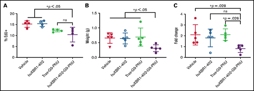 HuXBR1-402 targets proliferating leukemia cells in vivo. Briefly, 5 × 106 hROR1+ TLC1 murine CLL splenocytes were engrafted via tail vein injection into 8-week-old C57BL/6 mice. After establishment of leukemia (peripheral leukemia proportion is >5% of total white blood cells), mice were treated 3 times a week for 1 week with 1 mg/kg huXBR1-402-PNU or relevant controls. Three days after the last treatment, mice were pulsed with EdU (50 µg/kg) and killed 24 hours later to obtain the following data: numbers of EdU+ CD19+/CD5+ leukemia B cells (A) from splenocytes, obtained with flow cytometry (n = 4 mice per group); spleen weight (grams) (B); and fold change (C) in the numbers of peripheral blood leukemia cells. Mice were bled 4 days before euthanasia, and blood was again collected at time of euthanasia. Fold change in leukemia numbers are calculated by (peripheral leukemia cell count at death)/(peripheral leukemia cell count 4 days before). Panels B and C used n = 5 mice per group. Statistical significance for multiple comparisons was analyzed via one-way analysis of variance with Tukey’s post hoc test. ns, not significant; Tras-G5-PNU, trastuzumab-G5-PNU. Error bars indicate ± SE.