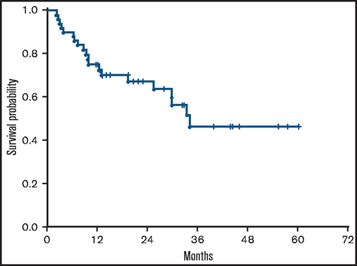 OS. Kaplan-Meier estimator curve for OS. All 50 patients treated are included. Median OS was 34 months (range, 2.2-60.1+ months).