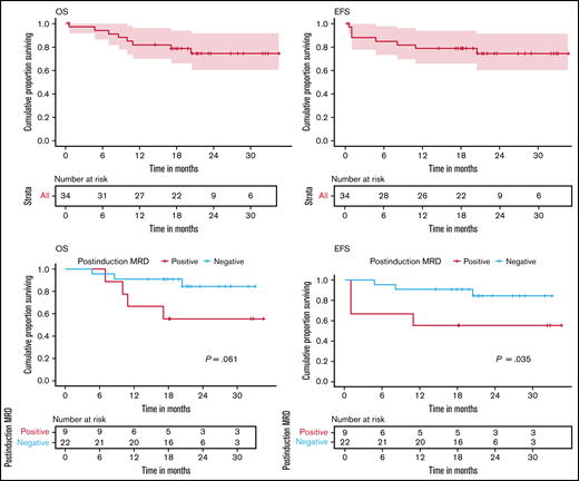 Clinical outcomes. (A) Rate of OS. At 21 months, OS was 78.7% (95% CI, 65.8-94). (B) Rate of EFS. At 21 months, EFS was 78.8% (95% CI, 66-94). (C) Rate of OS at 21 months based on postinduction (week 4) MRD status: 55.6% (95% CI, 31-99.7) in MRD-positive group vs 90.9% (95% CI, 79.7-100) in the MRD-negative group. (D) Rate of EFS at 21 months based on postinduction (week 4) MRD status: 50% (95% CI, 31-99.7) in the MRD-positive group vs 90.9% (95% CI, 79.7-100) in the MRD-negative group. Censoring of data are indicated by vertical bars.