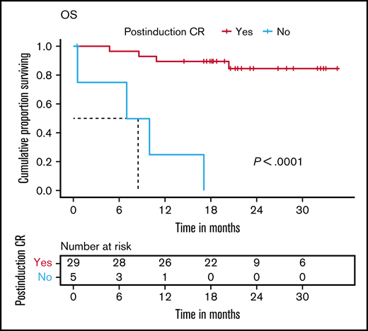 OS. At 21 months, OS was 89.7% (95% CI, 79.2-100) in patients who achieved CR postinduction (week 4) vs 0% in the patients who did not achieve CR. Censoring of data are indicated by vertical bars.